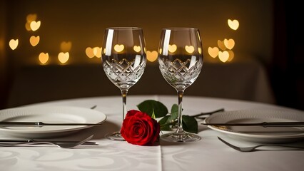 Elegant table setting with wine glasses and rose