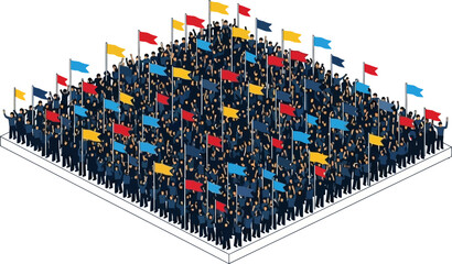 Diverse Crowd of People Holding Flags in Isometric View Representing Unity Celebration Teamwork and Global Events