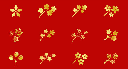 Golden sakura icon. Cherry, Peach, plum Blossom flower, luxury flower, floral petal. Japanese spring flowers symbol. Ornamental cherry silhouette, paper cut emblem, sakura logo, badge. © Volodymyr
