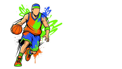 Energetic Basketball Player Dribbling Ball with Vibrant Graffiti Splatter Background Dynamic Sports Illustration