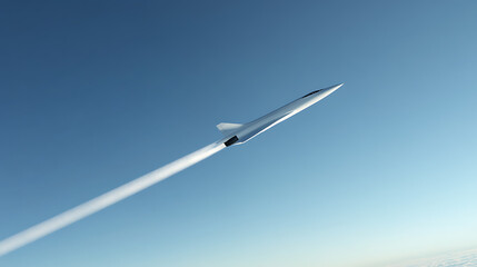 Futuristic aircraft soars through a clear, blue sky, leaving a prominent contrail. The plane's design suggests advanced aerodynamics and speed. It evokes themes of travel and progress.