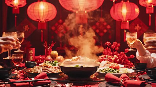 Family and friends gather for a festive Chinese New Year celebration, toasting with drinks around a steaming hot pot and traditional dishes under red lanterns.