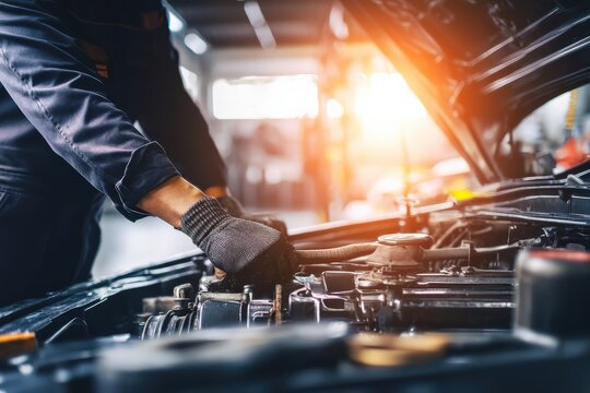 A mechanic works on a car engine, wearing gloves, focusing on maintenance in a well-lit garage. - Powered by Adobe
