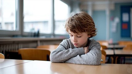 Bored young boy with blond hair resting his chin on his arms at school desk - Powered by Adobe