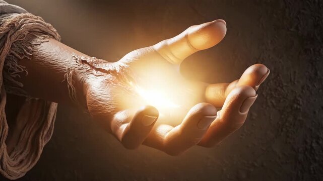 Mans scarred hand opening and emitting divine light. Jesus Christ healing with religious power and spiritual radiance, a symbol of faith.