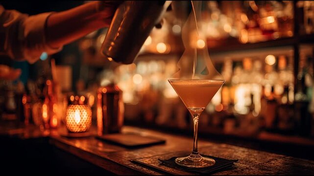 Mixing Cocktails at a Bar During the Night With a Focus on the Shaker and Glass Being Filled