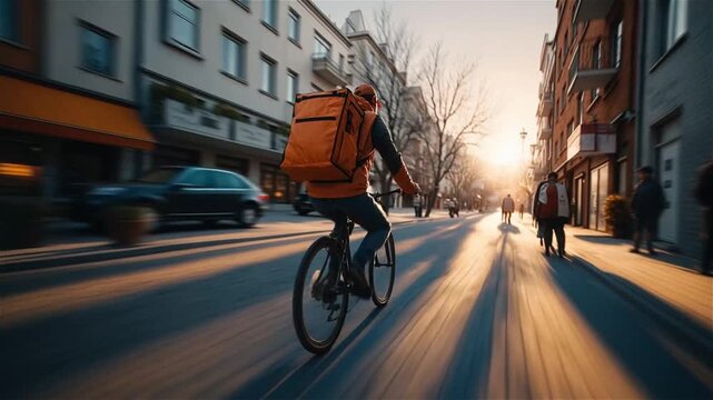 Food delivery courier on bicycle rides down sunlit city street at sunset