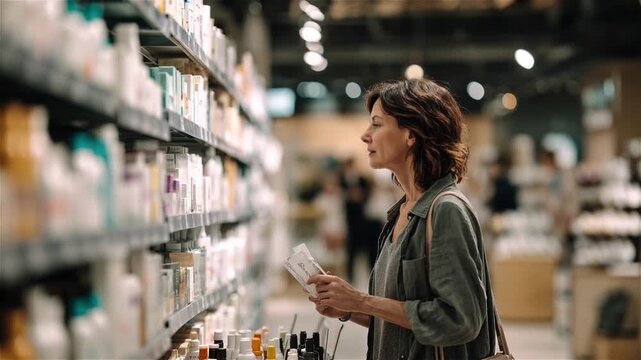 Woman shopping for beauty or health products in a wellstocked retail store aisle