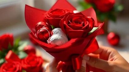 A person's hands tenderly holding a small, beautifully wrapped red rose bouquet with white hearts for Valentine's Day.