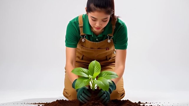 A young Asian woman wearing brown overalls and gloves carefully planting a small green seedling in rich soil.