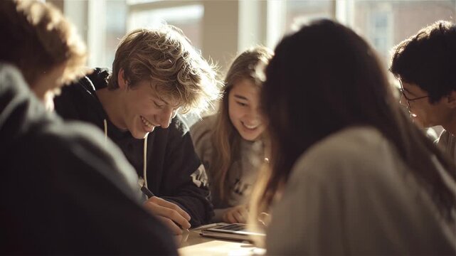 Group of diverse high school students collaborating intently around a table with a tablet