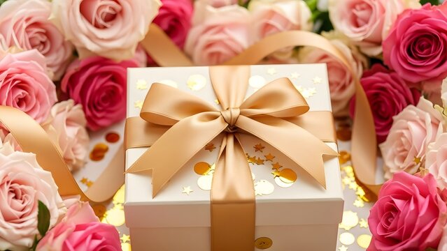 Elegant gift box surrounded by roses - Powered by Adobe