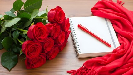 Vibrant red roses beside a notebook