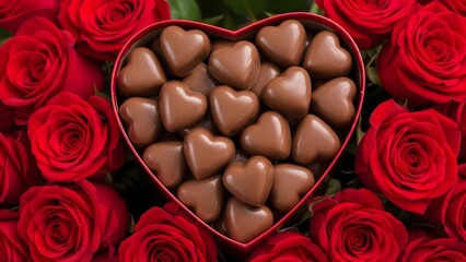 Heart-shaped box of chocolates surrounded by red roses