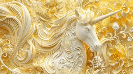 The image showcases a highly detailed, three-dimensional bas-relief carving that depicts a mythical unicorn with a long, spiraled horn and flowing mane. The unicorn is set against a rich, golden