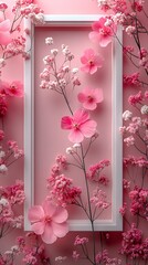 Vertical white frame with large pink flowers and small white blossoms on a soft pink surface