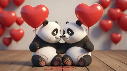 Two pandas holding heart-shaped balloons
