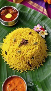 Indian Rice Background Vertical Festive Meal Curry Spices Banana Leaf Traditional Cuisine South Indian Food Culinary Presentation Vibrant Colors Close-Up Shot Delicious Dish Flavorful Ingredients Appe