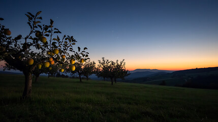 Sunset orchard: Golden fruits glow against the twilight sky. Rows of trees stretch across a grassy field, backed by distant mountains painted with the colors of dusk.