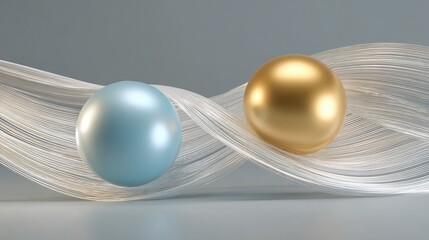 Two spheres, gold and blue, entwined with flowing, translucent strands