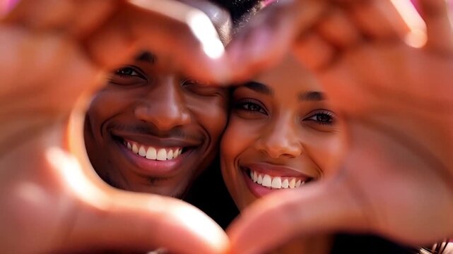 A joyful young Black couple smiles broadly at the camera through a heart shape formed by their intertwined hands.