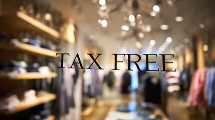 A window with "TAX FREE" written on it, inside a fashion store with clothing racks in the background. This is an amazing place to shop for value.