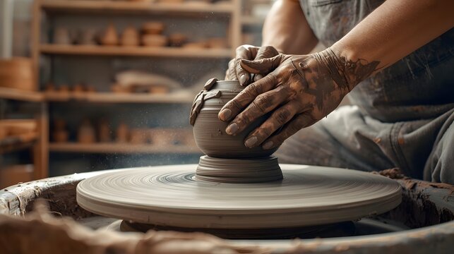 Artisan's Touch: A craftsman molds clay on a spinning wheel, hands meticulously shaping the raw material into a unique pottery piece. Capturing the artistry and dedication. - Powered by Adobe