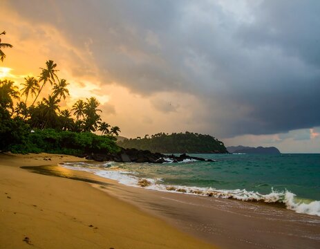 Tropical beach sunset with dramatic sky - Powered by Adobe