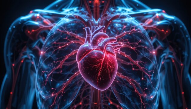 A vibrant illustration of a human heart and circulatory system, showcasing anatomical details with glowing veins and arteries.