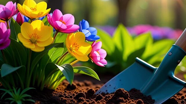 A small blue garden trowel is poised in rich, dark soil next to a vibrant bed of blooming colorful spring flowers.