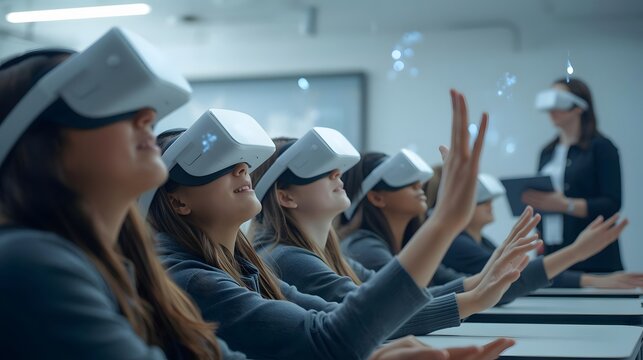 Virtual Reality Classroom: Students experience immersive learning as they wear VR headsets. - Powered by Adobe