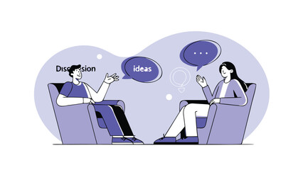 Two people discussing ideas in playful speech bubbles sitting in chairs