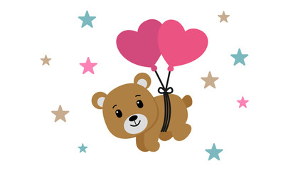 Adorable Teddy Bear Character Floating with Pink Heart Balloons