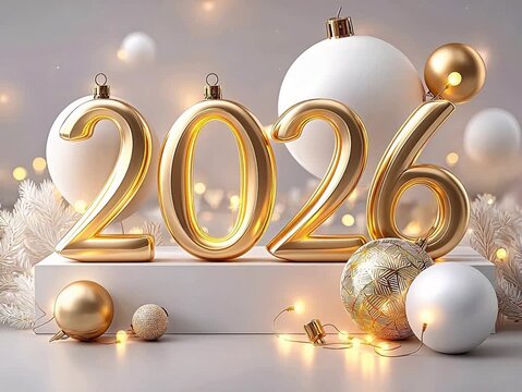 2026 golden numbers with holiday ornaments