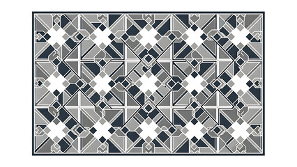 Geometric patterned tile design with navy blue, white, and gray shapes on a white background. Perfect for interior design, architecture, and decorative materials.