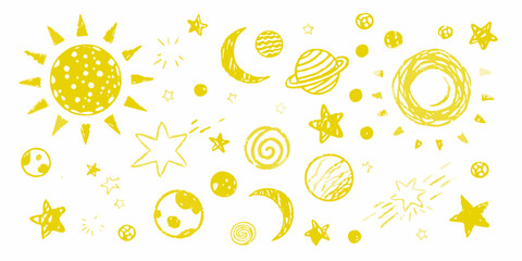 Whimsical yellow doodle of celestial bodies sun moon planets and stars © Barsha