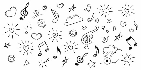 A collection of hand drawn musical symbols hearts stars and cloud sketches