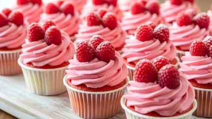 Delightful raspberry cupcakes on a wooden tray