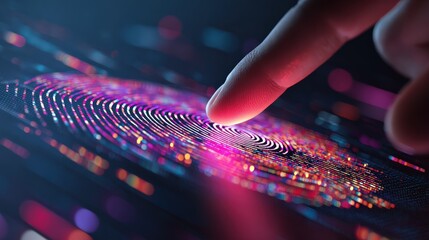 A futuristic close-up of a finger touching a vibrant, digital fingerprint sensor, showcasing colorful lights and intricate patterns.
