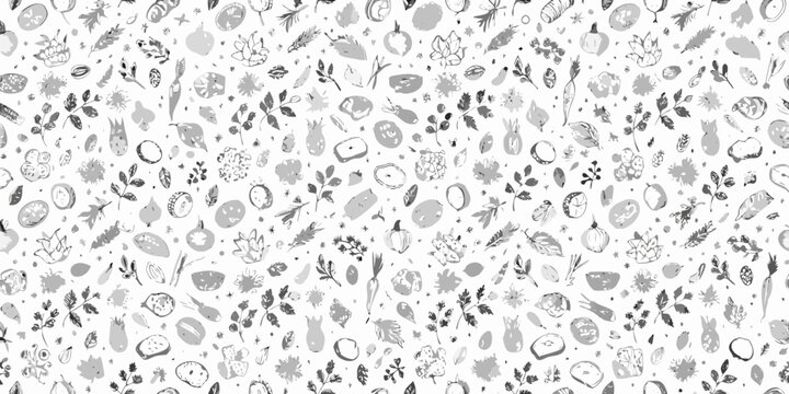 Black and white seamless pattern with various fruits leaves and floral elements