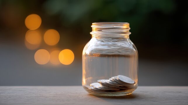 Glass jar filled with coins placed on wooden surface with soft blurred background of warm lights, symbolizing savings and financial growth concepts