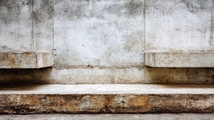 A close-up view of a textured concrete wall with two horizontal ledges, showcasing an industrial and minimalist aesthetic.