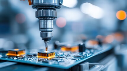 A close-up of a precision machine applying solder to a circuit board, showcasing advanced technology in electronics manufacturing.