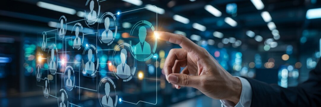 Businessman touching digital human resources network interface
- Powered by Adobe