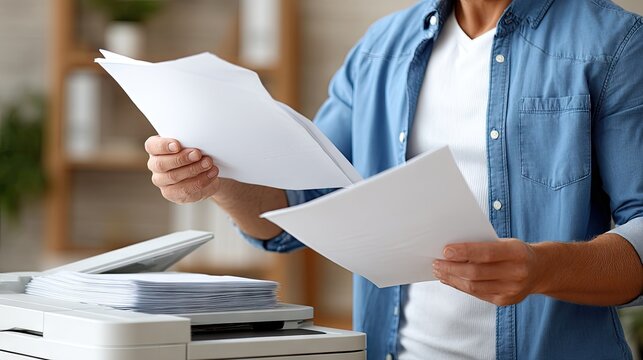 Man stands by a copy machine in an office holding paper ready to print documents while working at a desk in the afternoon
