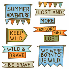 Colorful banners with adventure themes and motivational phrases illustrated in a playful style