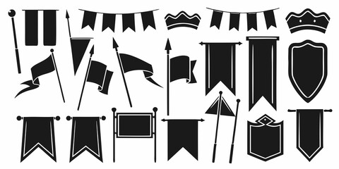Collection of heraldic flags banners and shields in a monochrome style