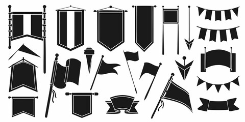 Collection of various black and white heraldic flags and banner designs