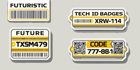 Futuristic tech id badges with barcodes and alphanumeric codes displayed prominently