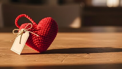 Handcrafted red heart ornament on wooden surface